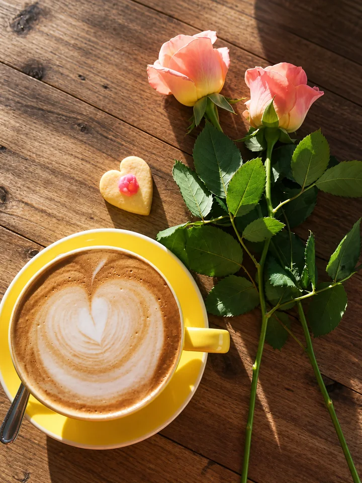 Coffee in a yellow cup beside flowers on a wooden table