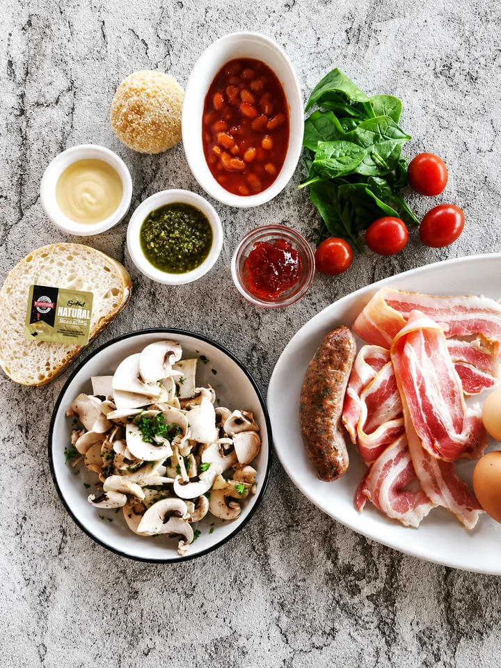 Breakfast ingredients and toppings arranged on a table